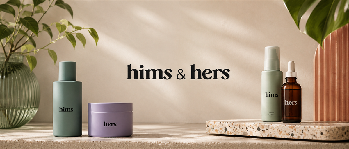 Hims & Hers Health branded product packaging displayed on a table, including bottles labeled "hims" and "hers".