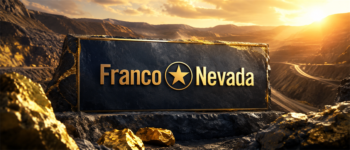 Franco-Nevada logo displayed on a stone monument at a mining site during sunset.