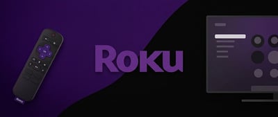 Roku logo with a remote control and a stylized television screen icon on a purple and black background.