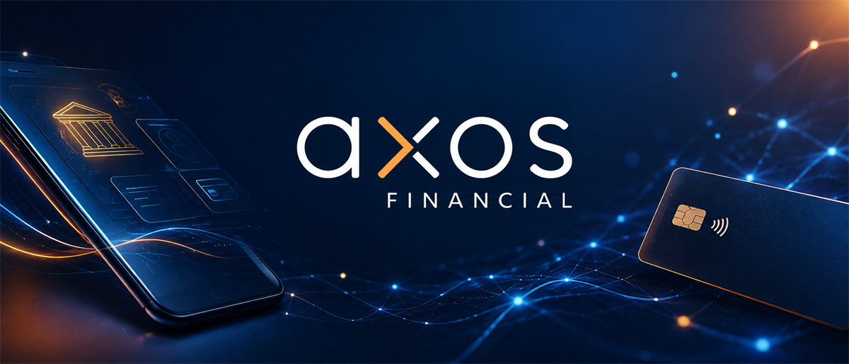 Axos Financial logo displayed between a smartphone banking app graphic and a contactless payment card on a digital network background.