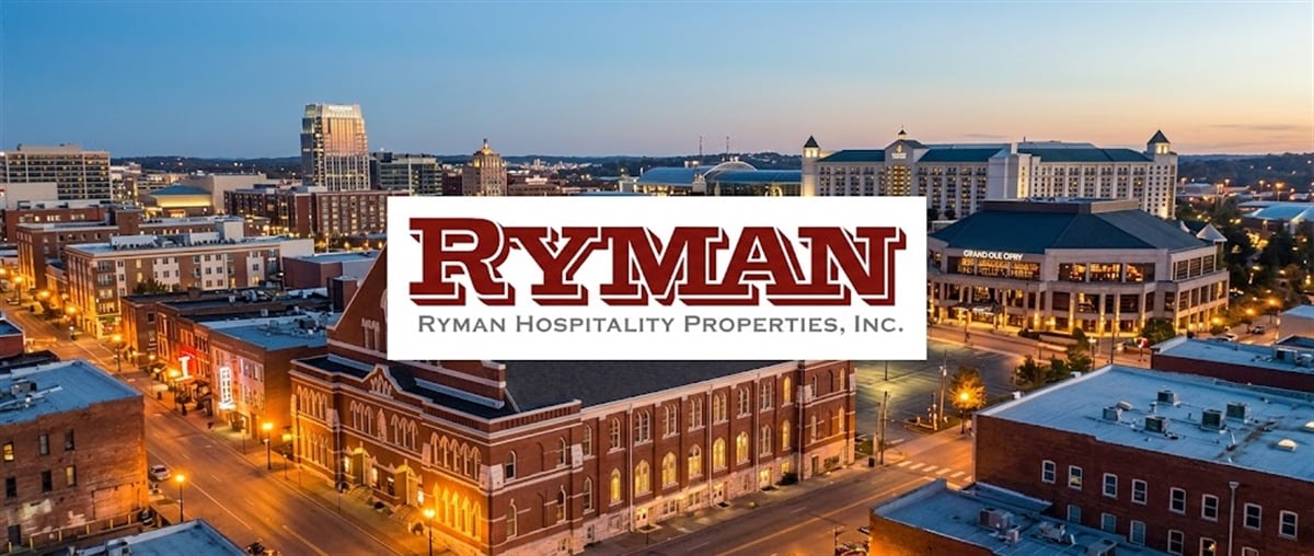 Ryman Hospitality Properties, Inc. logo overlaid on an aerial dusk view of downtown Nashville with the Ryman Auditorium and Gaylord Opryland.