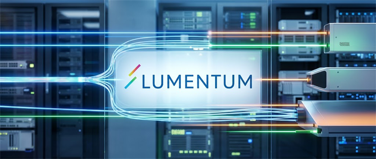 Lumentum logo illuminated on a screen in a data center, with fiber optic cables connecting to server equipment.