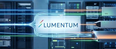 Lumentum logo illuminated on a screen in a data center, with fiber optic cables connecting to server equipment.