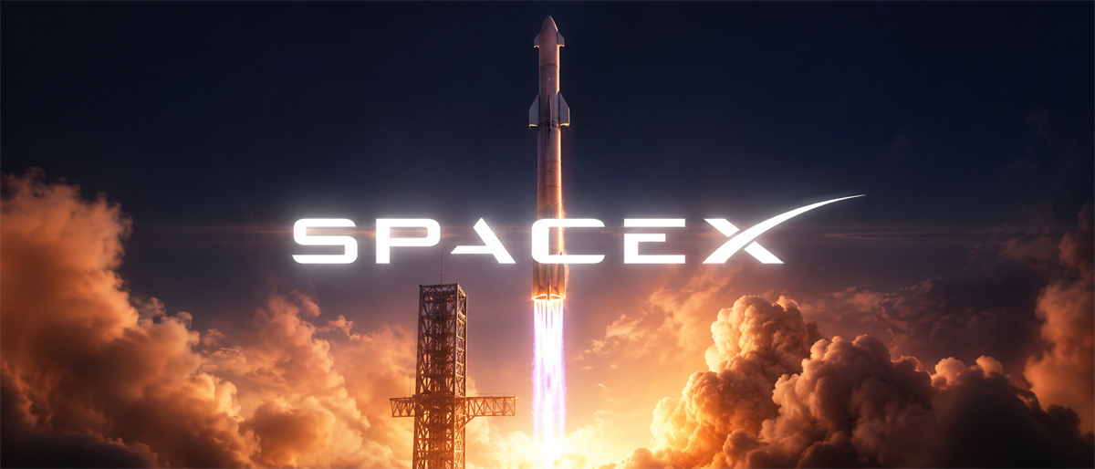 SpaceX logo overlaid on a rocket launching from a tower amid billowing exhaust clouds and flame.