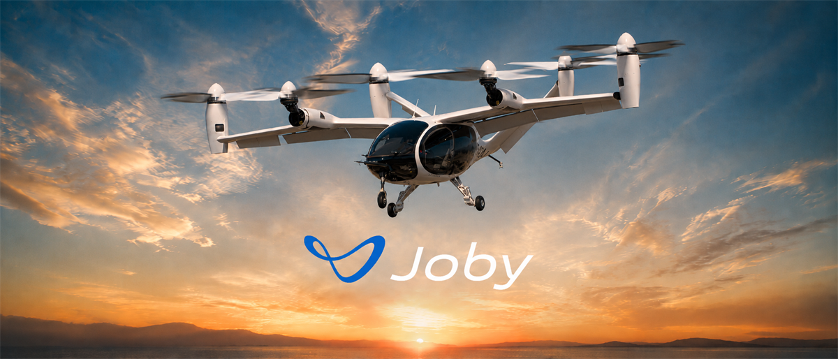 Joby Aviation electric vertical takeoff aircraft flying at sunset with the Joby logo displayed.