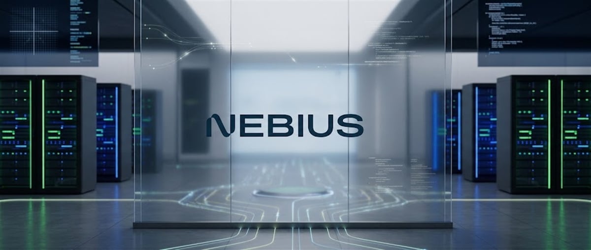 Nebius logo displayed on glass panel in a data center aisle lined with server racks.