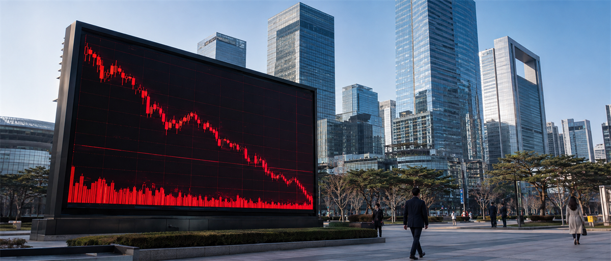 Large outdoor display shows a declining red stock price chart amid downtown office towers with pedestrians walking nearby.