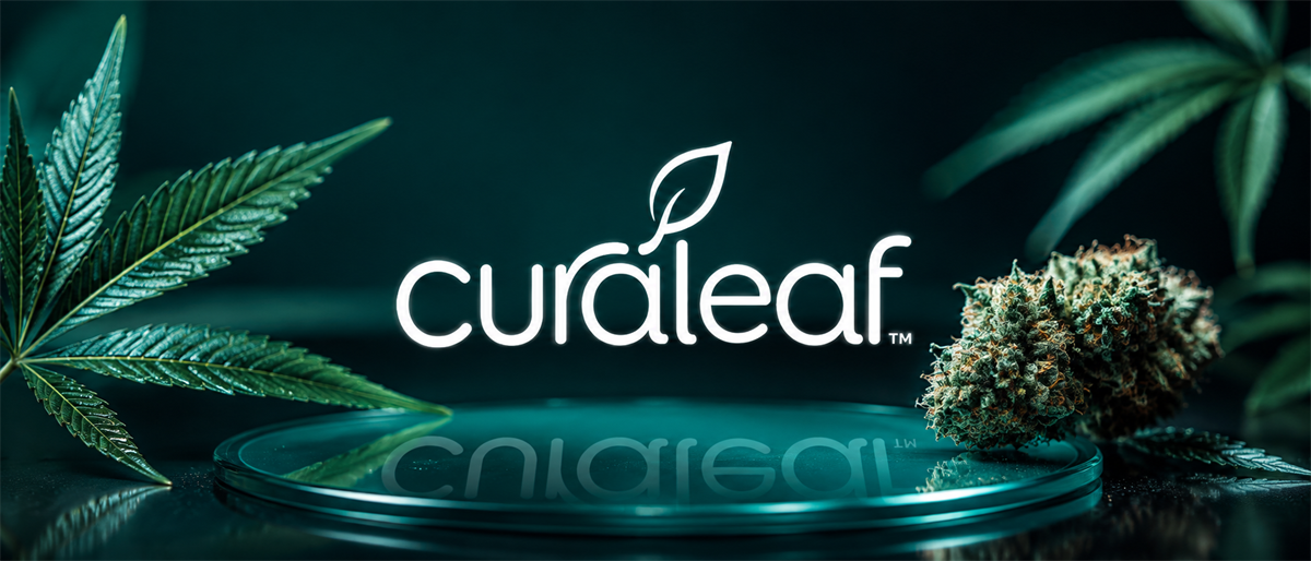 Curaleaf logo displayed with cannabis leaves and a bud on a reflective surface against a dark green background.