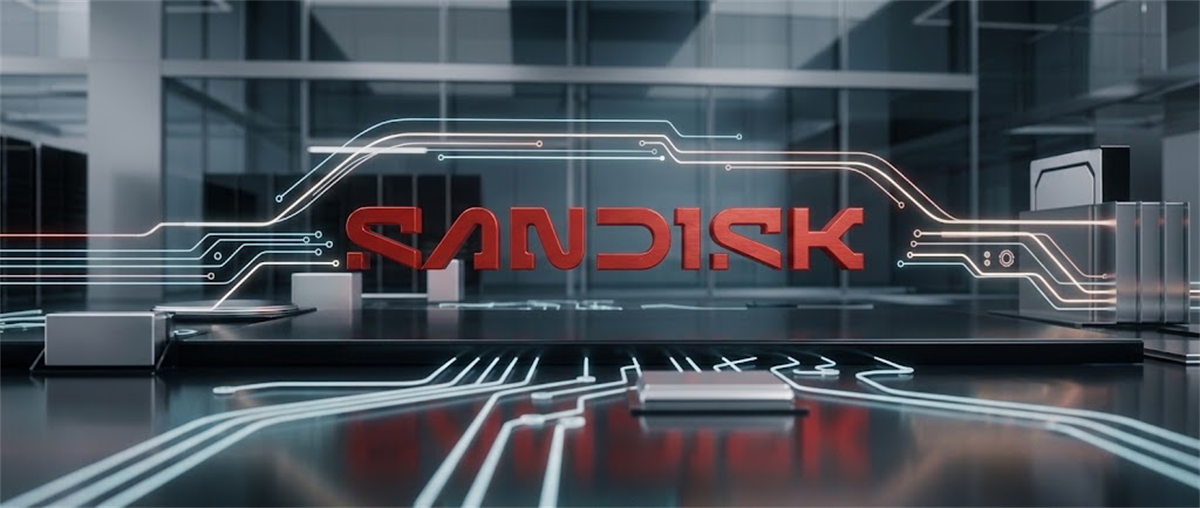 3D rendered SanDisk logo in red text surrounded by illuminated circuit board pathways in a data center setting.