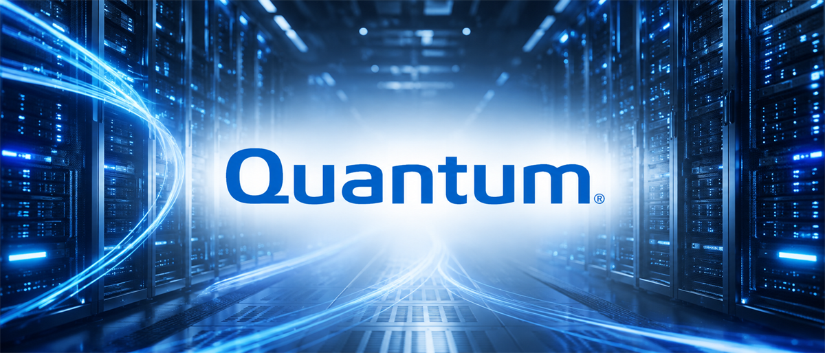 Quantum Corporation logo displayed in a blue-lit data center aisle lined with server racks.
