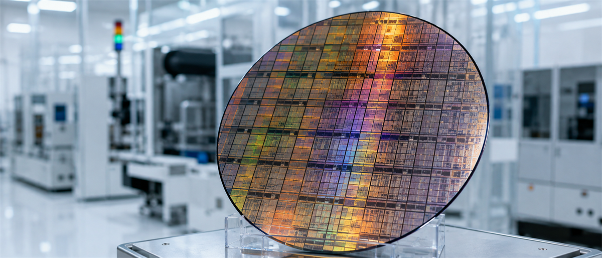 A silicon semiconductor wafer with a colorful iridescent surface displayed on a stand in a clean room manufacturing facility.