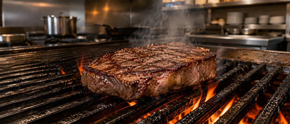 A steak cooks over an open flame on a restaurant grill, with kitchen equipment visible in the background.
