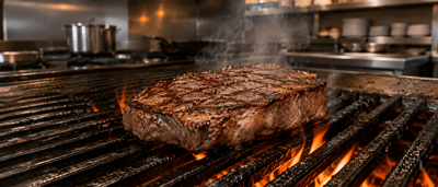 A steak cooks over an open flame on a restaurant grill, with kitchen equipment visible in the background.