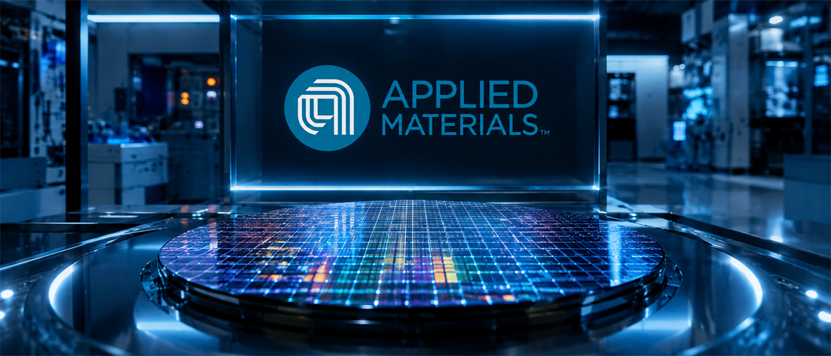 Applied Materials logo displayed above an illuminated semiconductor wafer on a lit display stand.