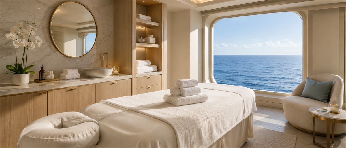 Spa treatment room aboard a cruise ship with a massage table, vanity area, armchair, and ocean view window.