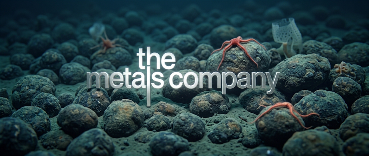 The Metals Company logo displayed over an image of polymetallic nodules on the seafloor with sea stars.