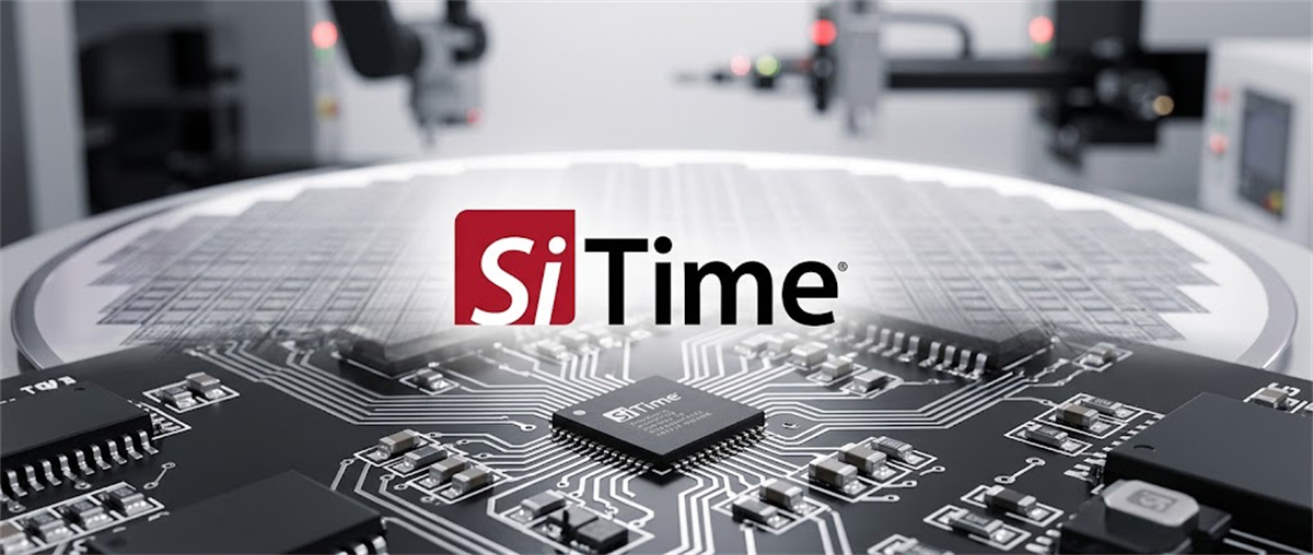 SiTime logo overlaid on a semiconductor wafer and circuit board with a chip in a manufacturing setting.