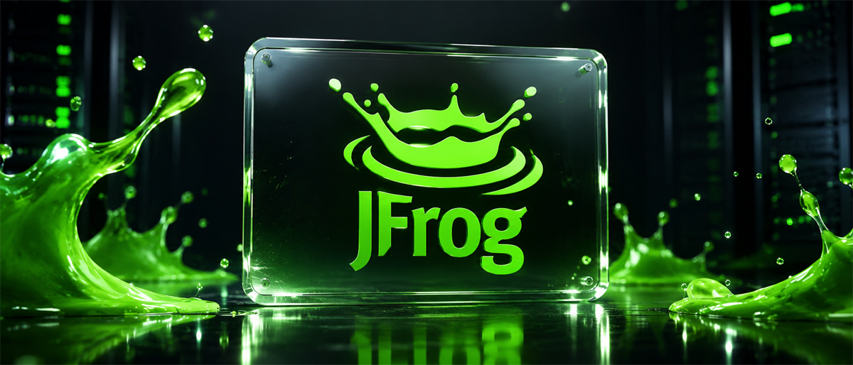 JFrog logo displayed on a glass panel surrounded by green liquid splashes in a server room setting.