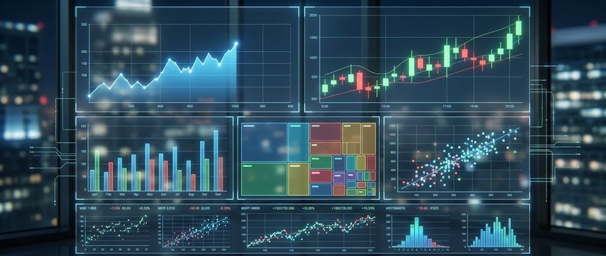 Digital display of multiple financial charts, including line, candlestick, bar, heat map, and scatter plot graphs.