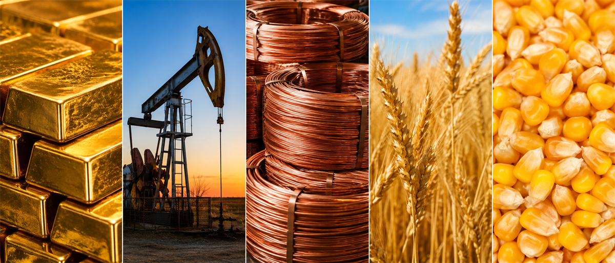 Composite image of commodities including gold bars, an oil pumpjack, copper wire coils, wheat, and corn kernels.
