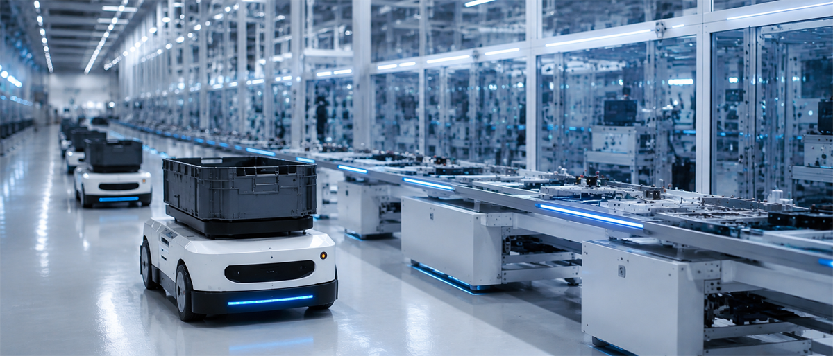 Autonomous mobile robots carrying storage bins move through an automated factory production line with illuminated blue accents.