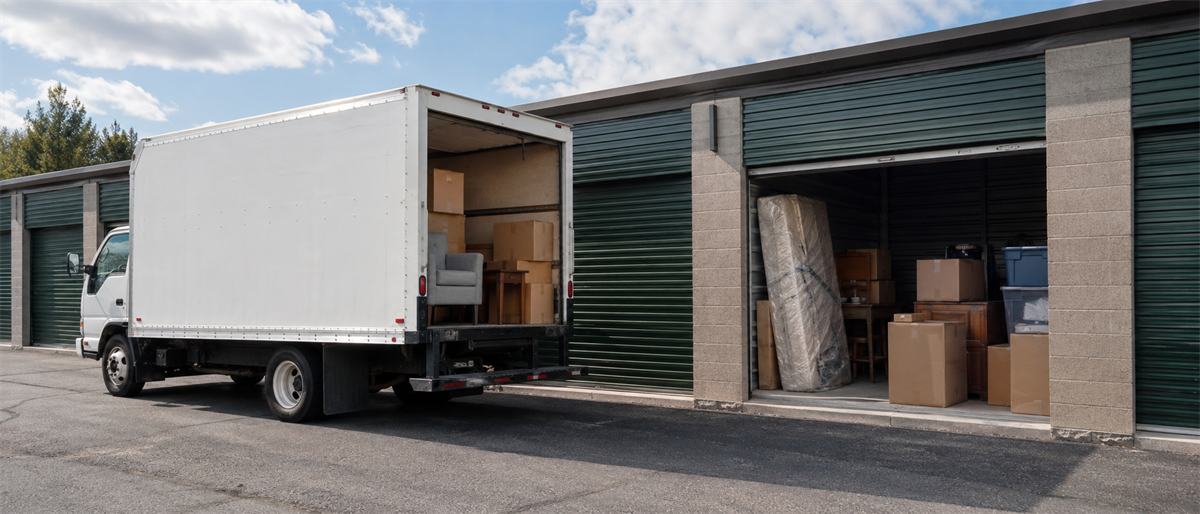 A moving truck with open cargo doors parked beside an open storage unit filled with boxes and furniture.