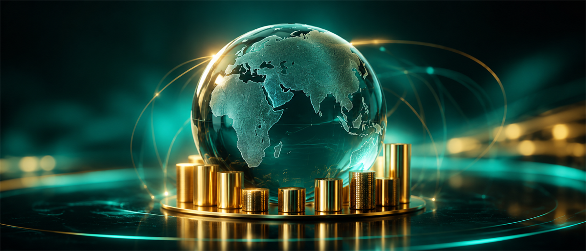 Illustration of a glass globe surrounded by gold coin stacks, symbolizing global financial markets and investment.