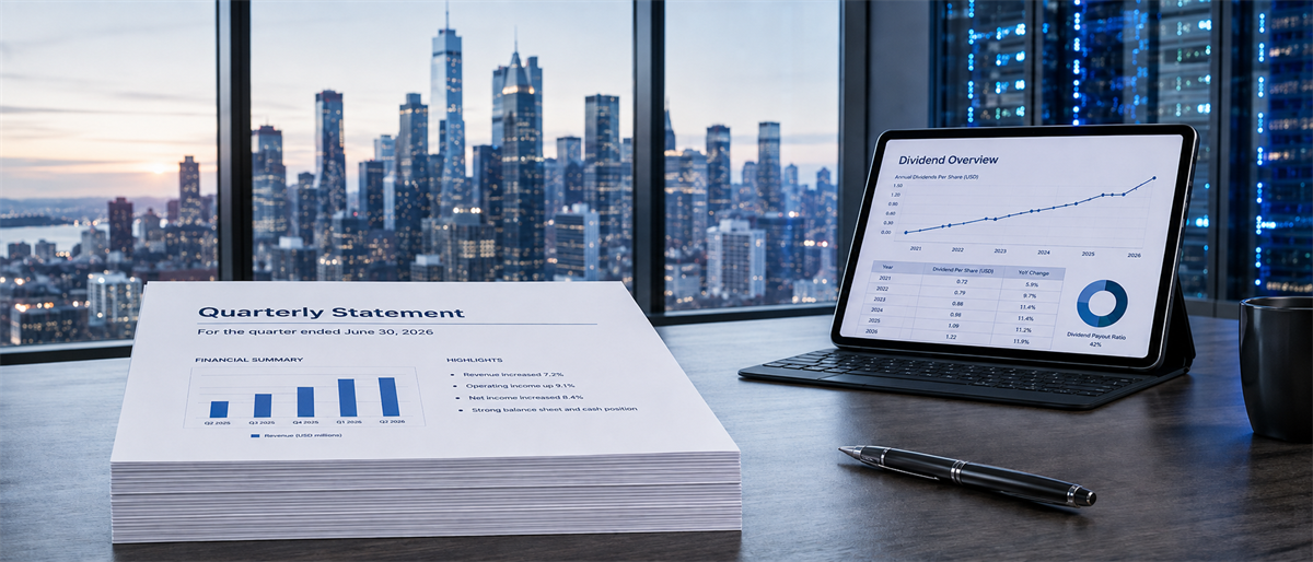Printed quarterly statement with revenue chart beside a tablet showing a dividend overview chart, on a desk overlooking a city skyline.