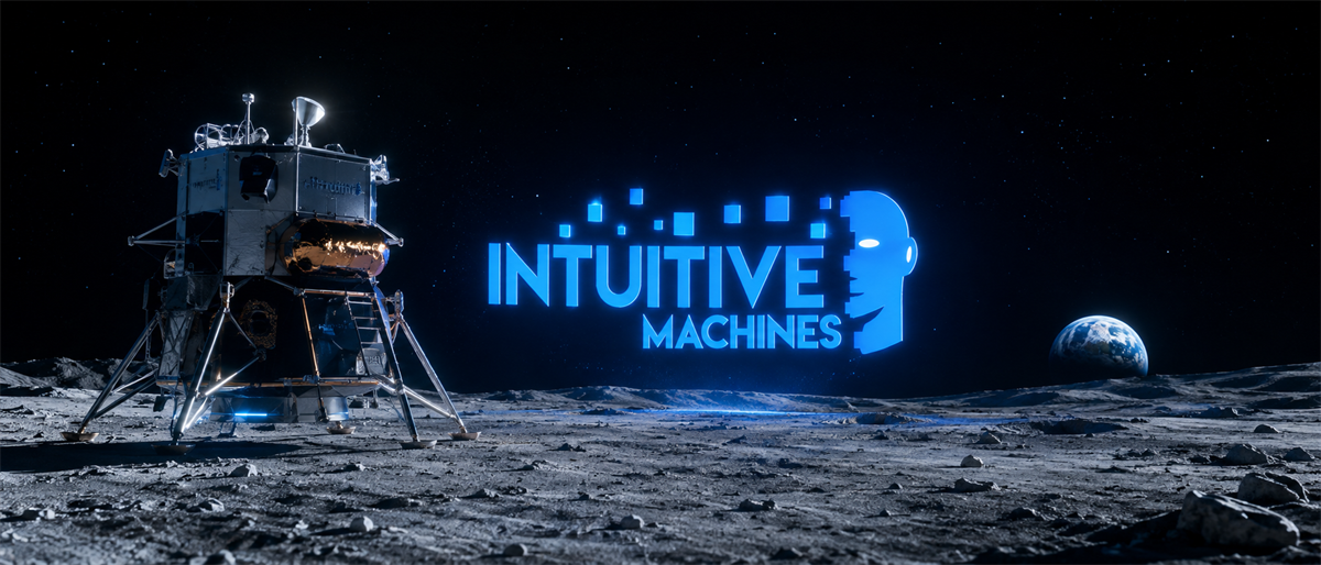 Illustration of a lunar lander on the moon's surface beside the Intuitive Machines logo, with Earth visible in the background.