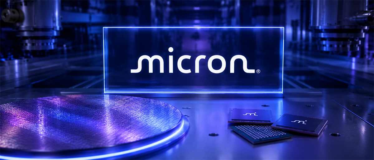 Illuminated Micron logo sign displayed with a silicon wafer and memory chips in a factory setting.