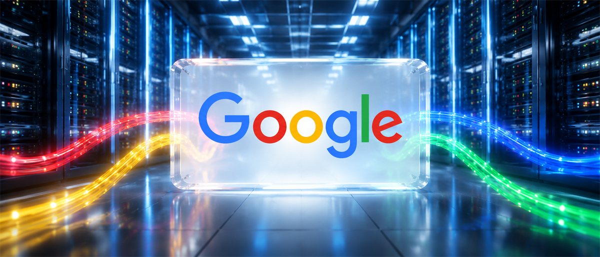 Google logo displayed on a glass panel in a data center corridor with colorful glowing light streams.