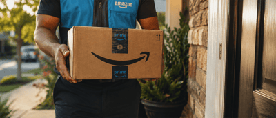 Amazon delivery worker in branded vest holding a Prime package at a customer's front door.