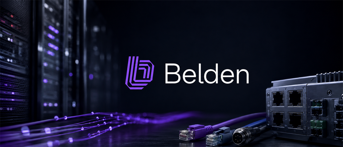 Belden logo displayed with networking cables, connectors, and server hardware in a dark data center setting.