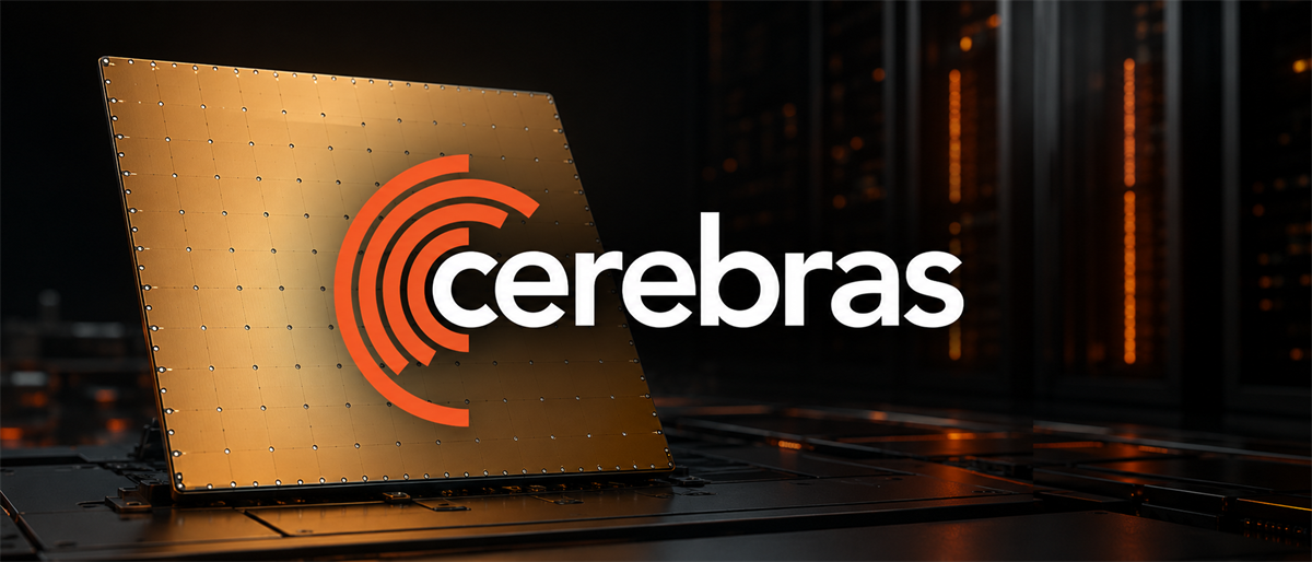 Cerebras logo overlaid on a large computer chip, with a server data center visible in the background.