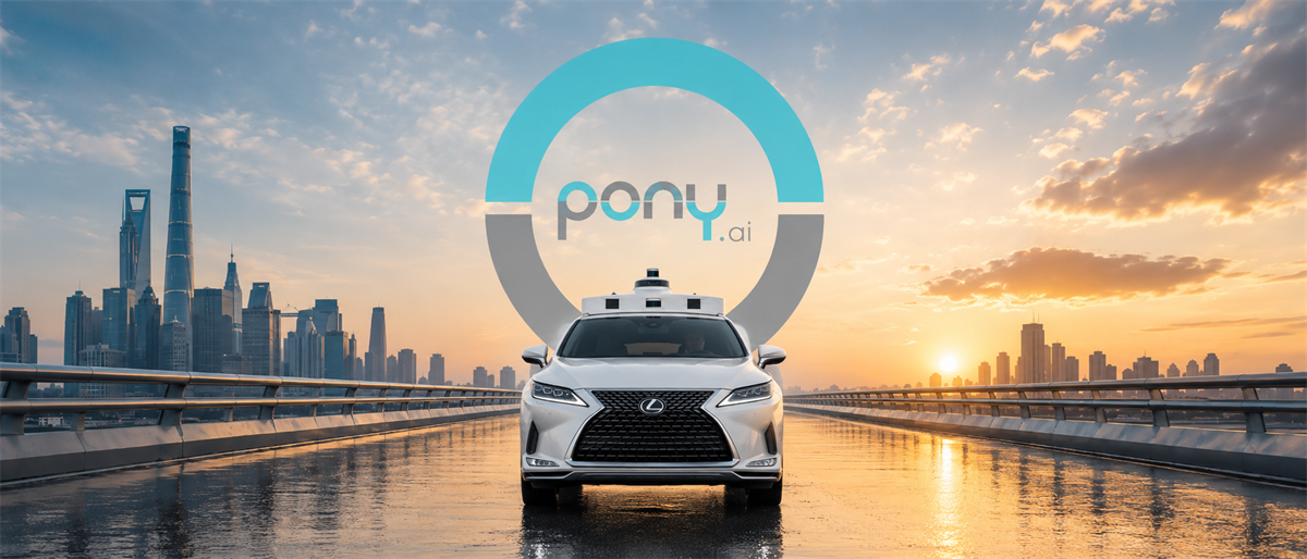 A Lexus SUV with rooftop sensors drives on a bridge with the Pony.ai logo and a city skyline behind it.