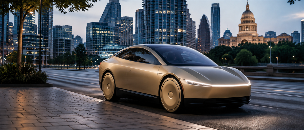 A gold futuristic electric concept car parked on a street with a city skyline and capitol dome at dusk.