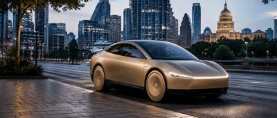A gold futuristic electric concept car parked on a street with a city skyline and capitol dome at dusk.