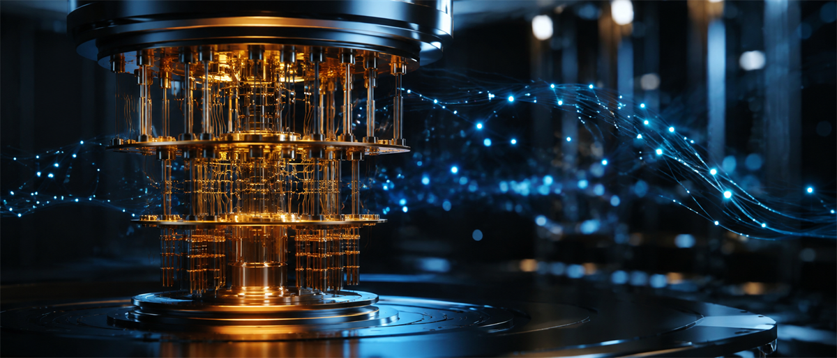 Illustration of a gold-toned quantum computing chip with layered circuitry, surrounded by streaks of blue light.