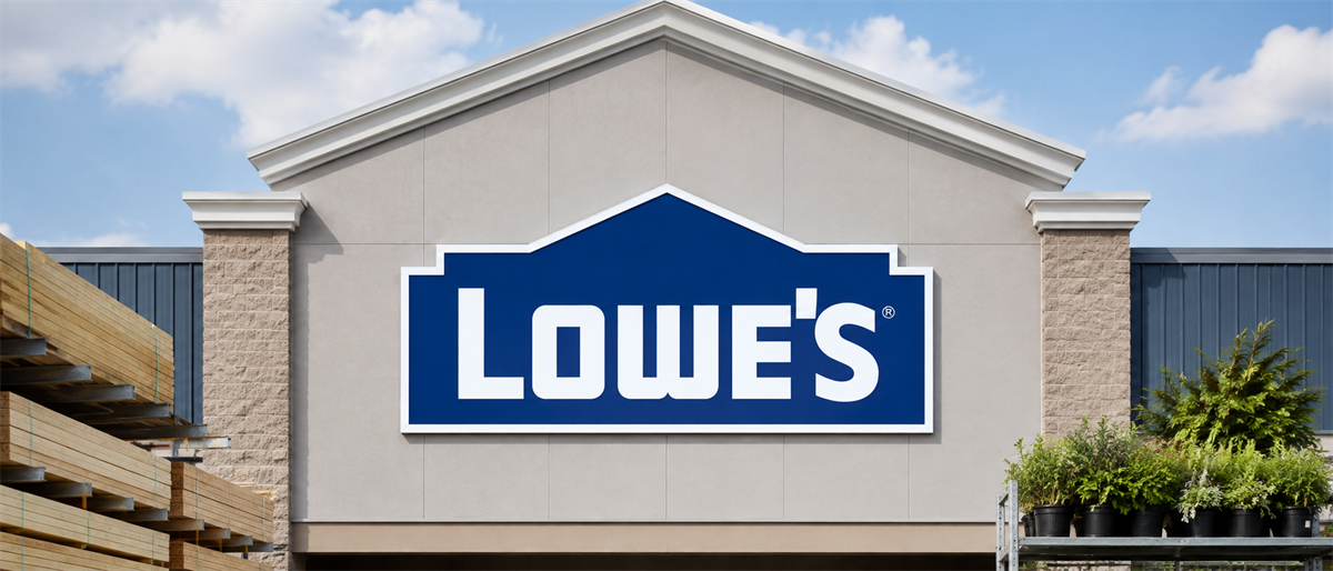 Lowe's storefront exterior with the company logo sign, stacked lumber, and potted plants displayed outside.