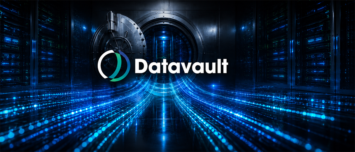 Datavault logo displayed in front of an open bank vault door within a server room lined with data streams.