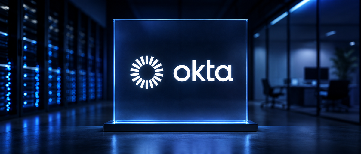 Illuminated glass panel displaying the Okta logo in a dark server room and office setting.