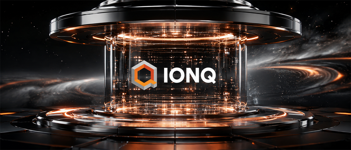 IonQ logo displayed within an illuminated glass chamber surrounded by a futuristic space-themed backdrop.