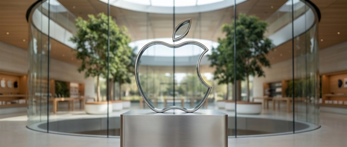 Metal Apple logo displayed on a pedestal inside a glass-walled Apple Store with trees and wooden fixtures.