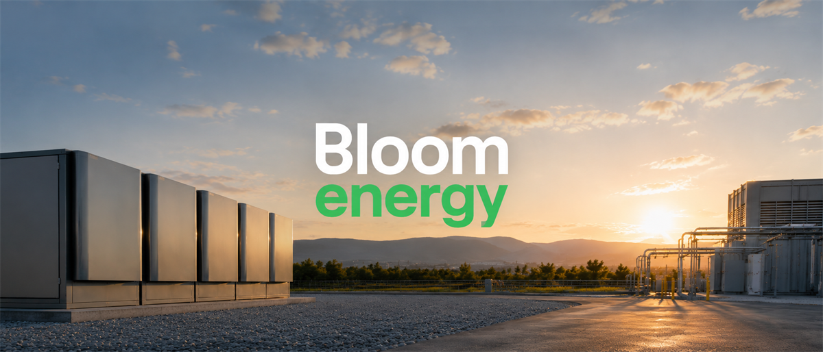 Bloom Energy logo overlaid on a row of fuel cell units at an outdoor installation site during sunset.