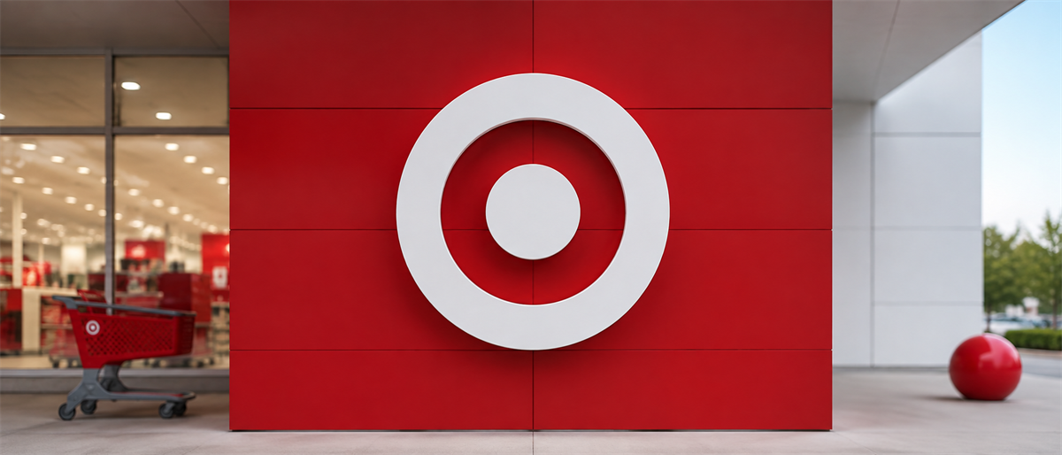 Target logo displayed on a red storefront wall with a shopping cart and store entrance visible nearby.