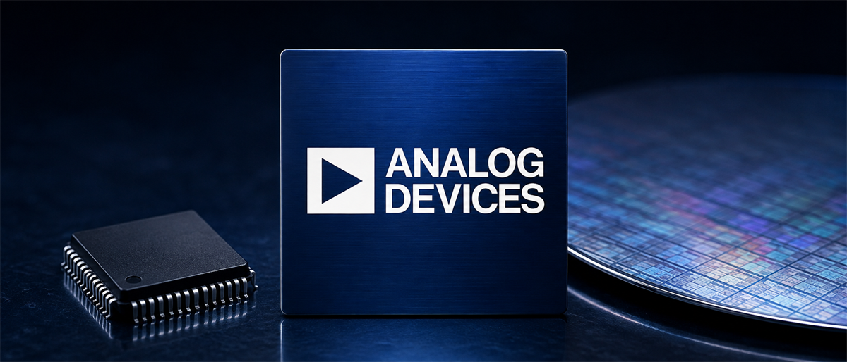 Analog Devices logo on a blue panel beside a semiconductor chip and a silicon wafer.
