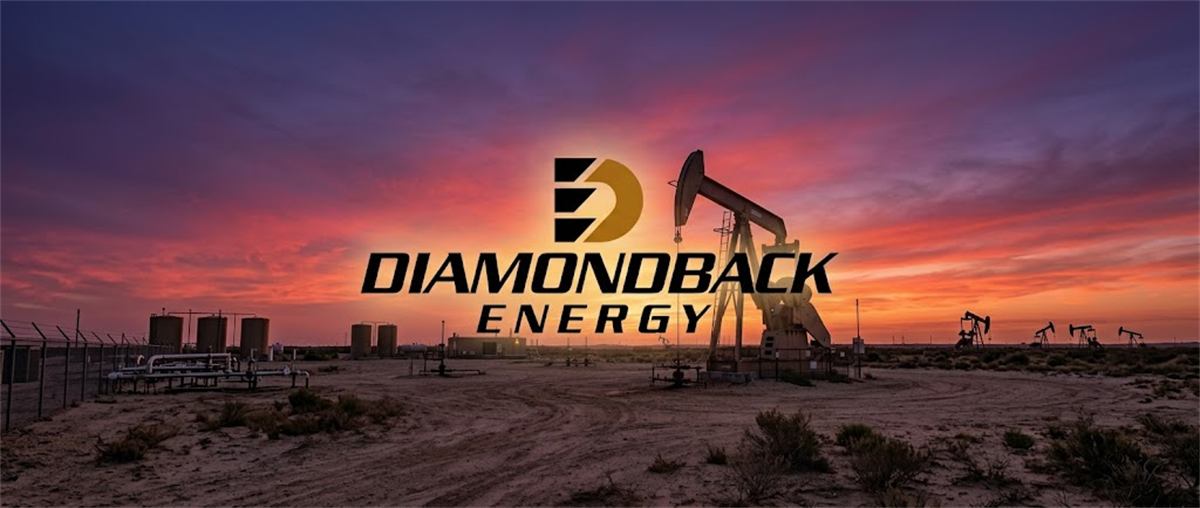 Diamondback Energy logo overlaid on an oil field with pumpjacks and storage tanks at sunset.
