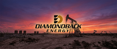 Diamondback Energy logo overlaid on an oil field with pumpjacks and storage tanks at sunset.