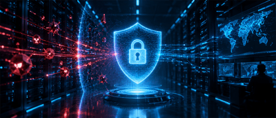 Illustration of a glowing digital shield and lock blocking red virus icons in a server data center.