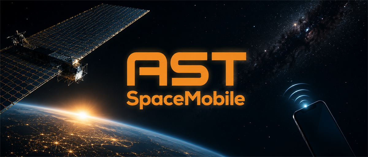 AST SpaceMobile logo with a satellite orbiting Earth and a smartphone receiving signal in space.